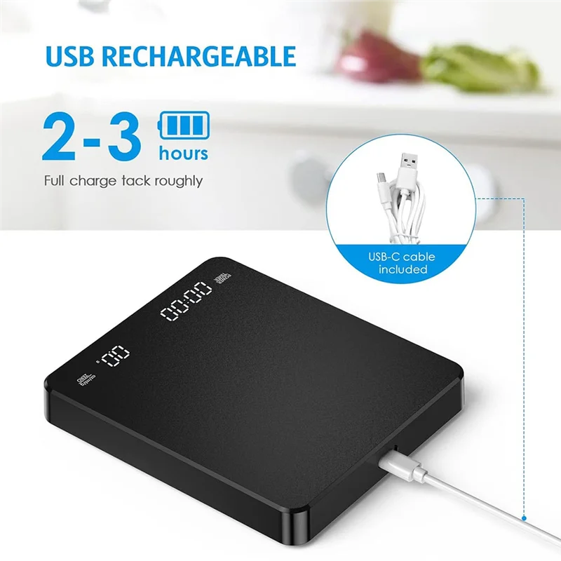 Digital Kitchen Scale With Timer ABS 3 Units Rechargeable Portable Coffee Scale 3Kg/0.1G High Accuracy-T44C