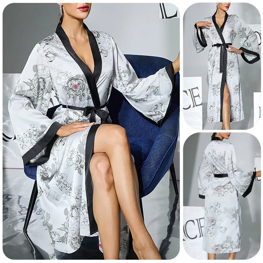 

Female Robe Loungewear Print Flower Kimono Bathrobe Sleepwear Homewear Sexy Long Sleeve Nightwear