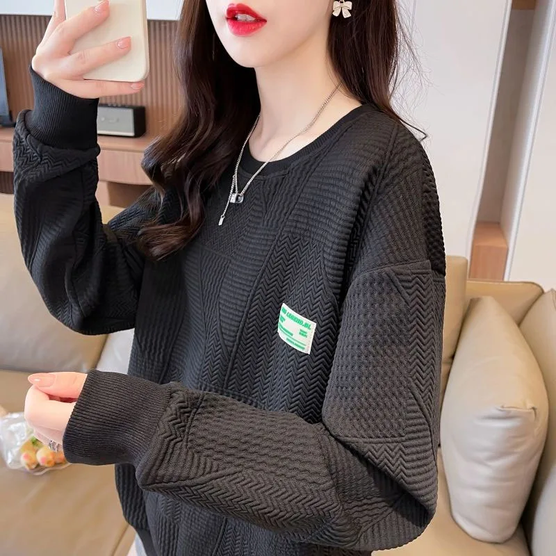 New Spring and Autumn Fashion Korean Edition Solid Waffle Round Neck Loose Versatile Simple Slim Women\'s Long Sleeve Sweater