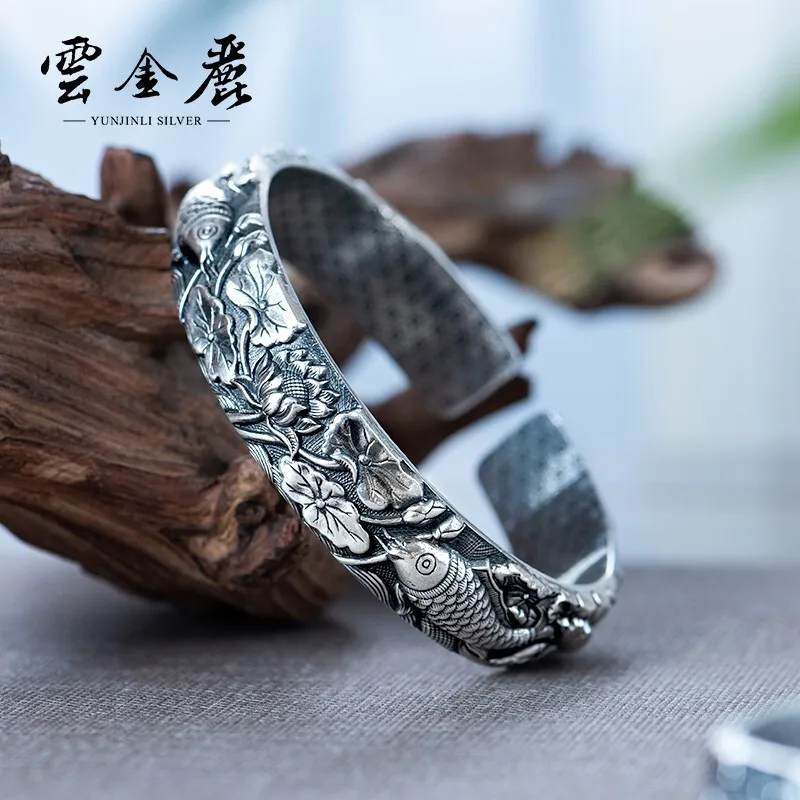 Yunjinli Original Design Silver Bracelet Ladies Pure Silver 999 Wide Ethnic Style Handmade Bracelet for Wife and Mother Elders O