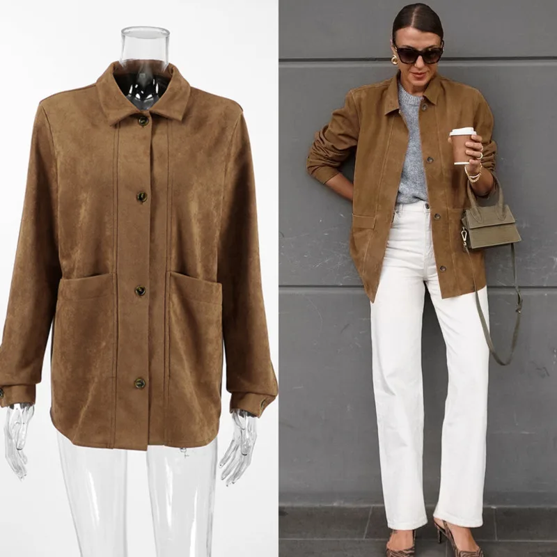 

Fashion Women‘s Brown Suede Leather Jacket With Lapel And Pockets Single Button Long Sleeve Coat Autumn Streetwear Lady Outwear