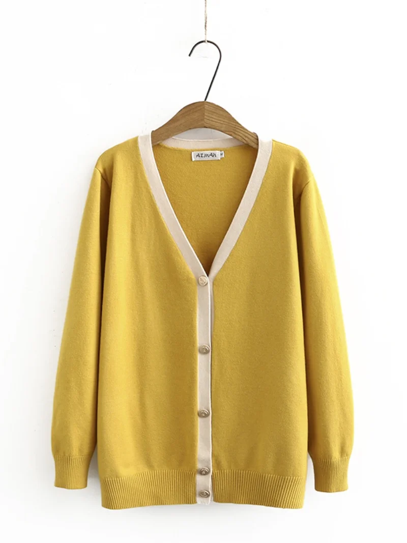 Spring Autumn 2023 Ladies Casual Knitted Sweater V-Neck Color Block Oversize Cardigan Korean Style  Breeze Long Sleeve