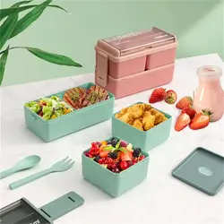 1Pc Double Layer Portable Lunch Box For Kids With Fork and Spoon Microwave Bento Boxes Dinnerware Set Food Storage Container