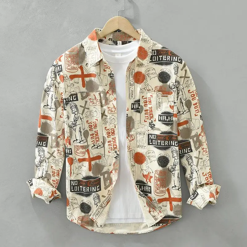 

Men's Printed Long Sleeve Graffiti Shirt Casual Top Fashionable Iron-Free Polyester Fabric Comfortable Fit for Daily Wear