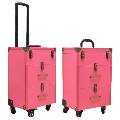 Professional modern rolling salon cosmetic trolley case with 4-wheel lockable design, PVC material, large capacity drawer