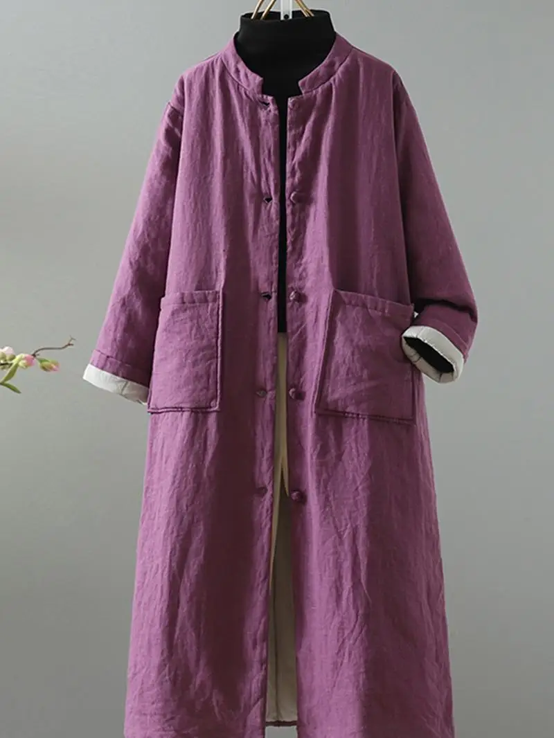 

Thiened Cotton Jaet Chinese Sle Button up Coat Warm Winter Outerwear Women's Faion Long Sve Stand Collar Coat