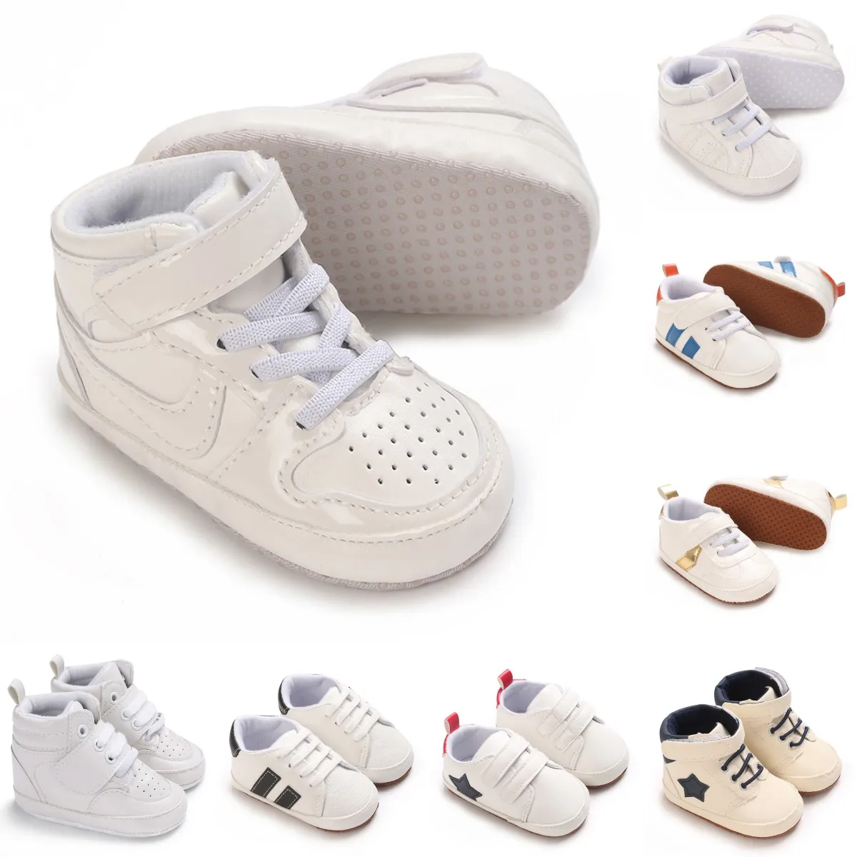 Nova primavera e outono sapatos de bebê moda clássico branco plutônio alta superior sapatos esportivos sola macia confortável sapatos casuais caminhada