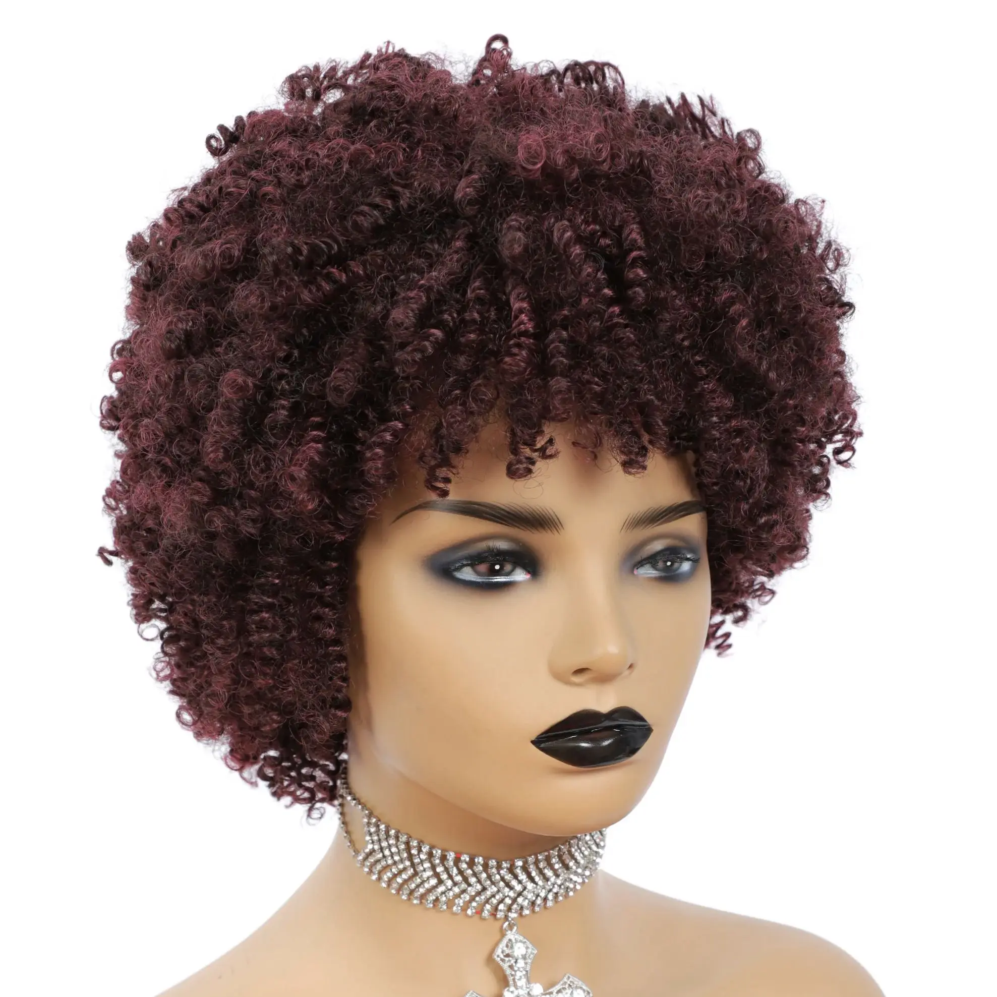 MSWIGS Women's Short Kinkly Curly Pixie Cut Wig Synthetic Burgundy Ladies Fluffy Short Small Explosive Headgear False Black Wigs