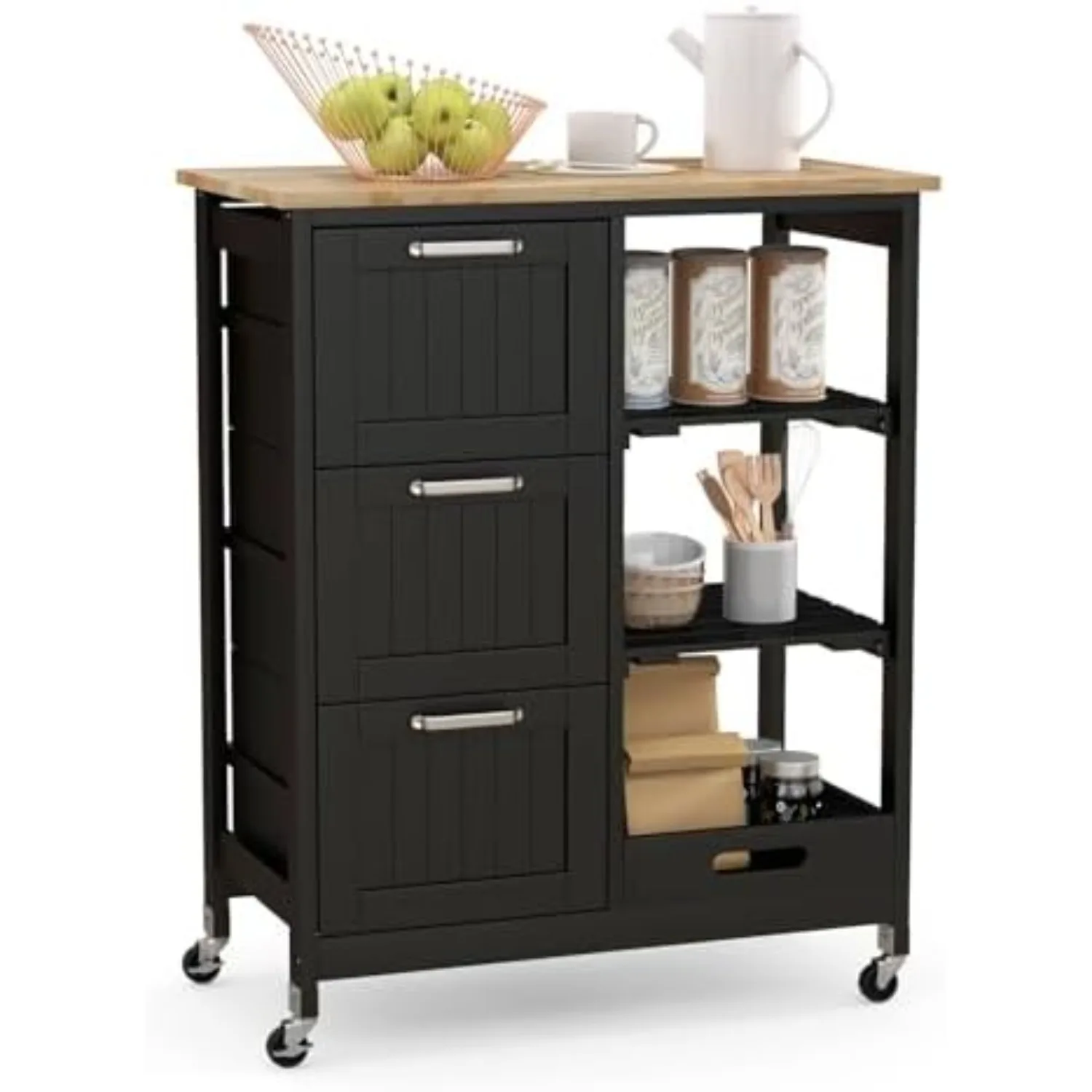 Kitchen Island Cart on Wheels with Storage, Versatile Rolling Cart with Wood Countertop, 3 Drawers, Removable Tray &
