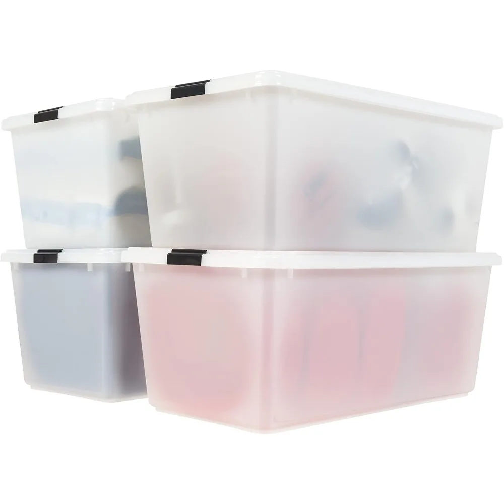 

USA 91 Quart Stackable Plastic Storage Bins with Lids and Latching Buckles, 4 Pack, Containers with Lids, Durable Storage Box