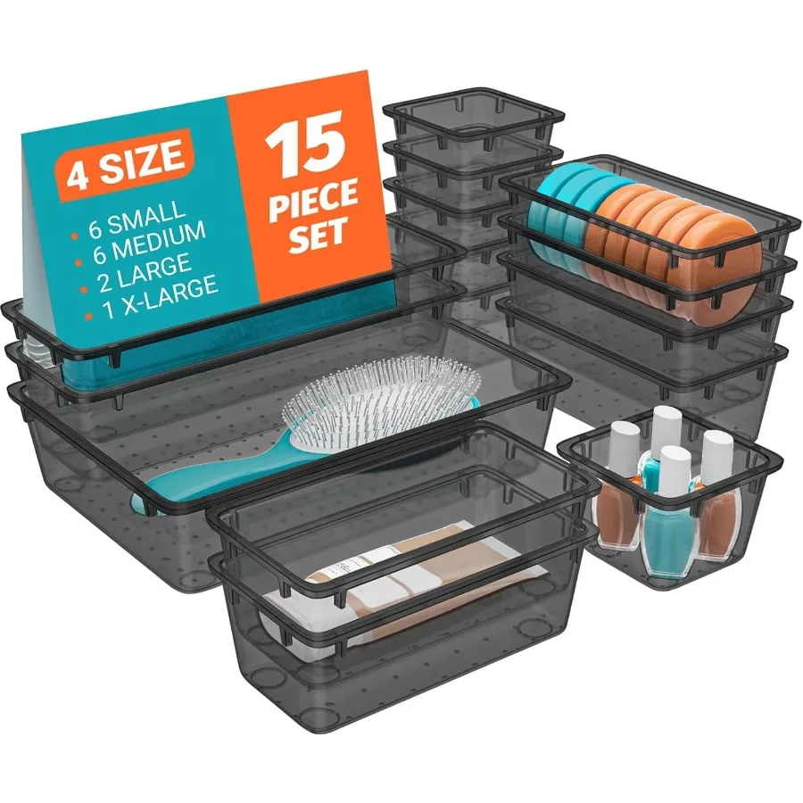 

15 PCS Clear Plastic Drawer Organizer Set 4Size Acrylic Drawer Storage Trays Storage Bins for Makeup Gadgets and Jewelry in Bat