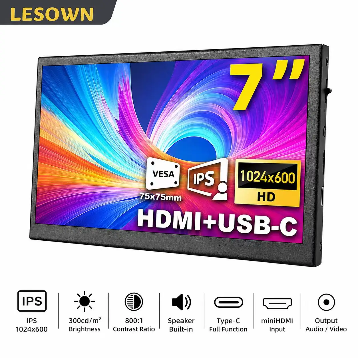 LESOWN VESA 75 7 Inch Linux Terminal Monitor Matte Black 16:9 External Sub-screen for Jetson Nano Developer Board Mainframe