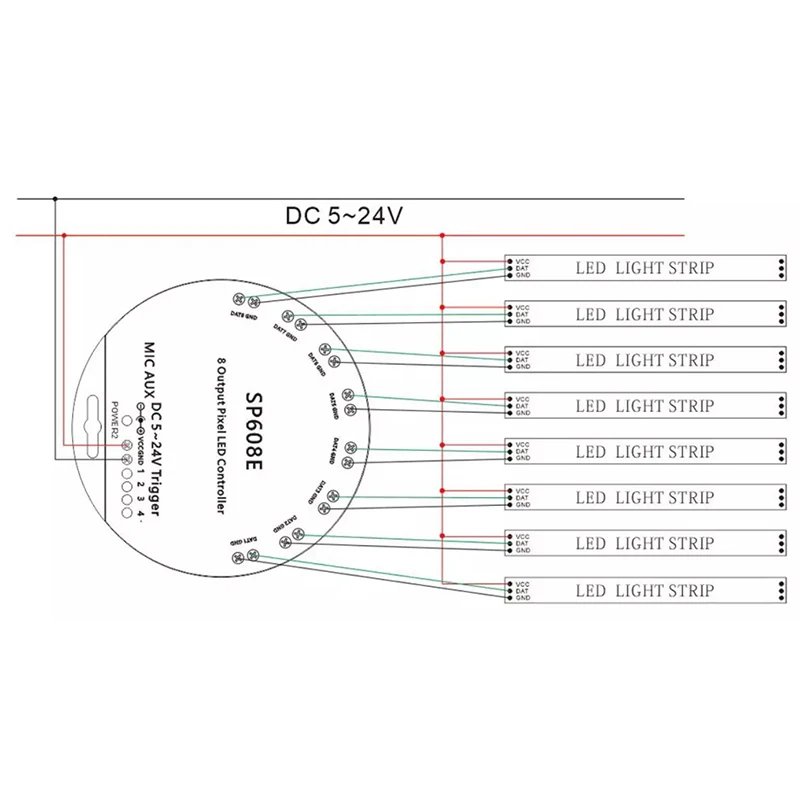 SP608E WS2812B Music Controller 8 CH Signal Output WS2811 WS2815 LED Light Strip Built in Mic IOS Android Bluetooth App