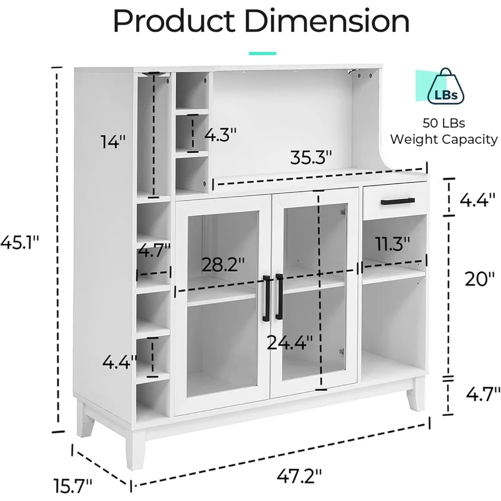 Barkasten voor thuis, wijnkast met opbergruimte, LED-verlichting en wijnhouder, drankkastbar voor thuiskeuken