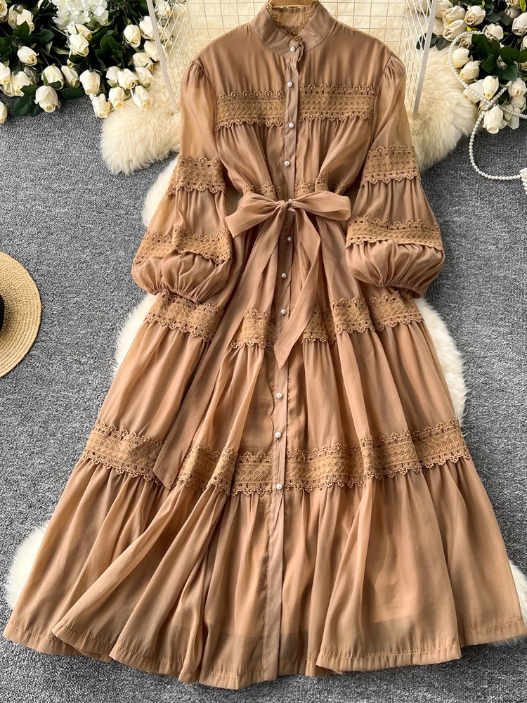 Luksusowa perłowa jednorzędowa długa koszulowa sukienka damska 2024 Jesień Vintage Koronkowe patchworkowe sukienki maxi z szarfami wiosna 4D122