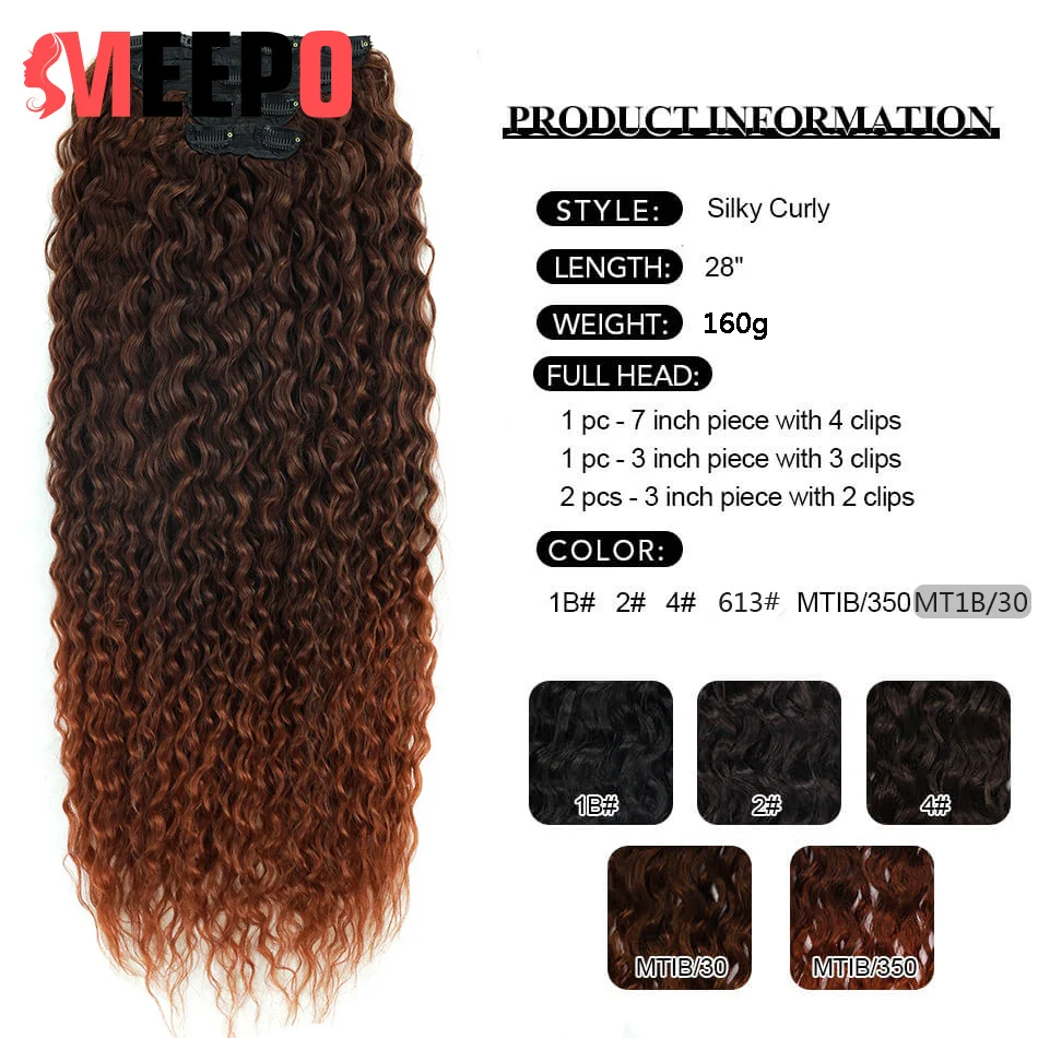 Meepo Hair-Extensions Capillaires Synthétiques Bouclées et Crépues, Cheveux Longs à réinitialisation, Ombré Brun Noir, Tête Complète, 28 Pouces,