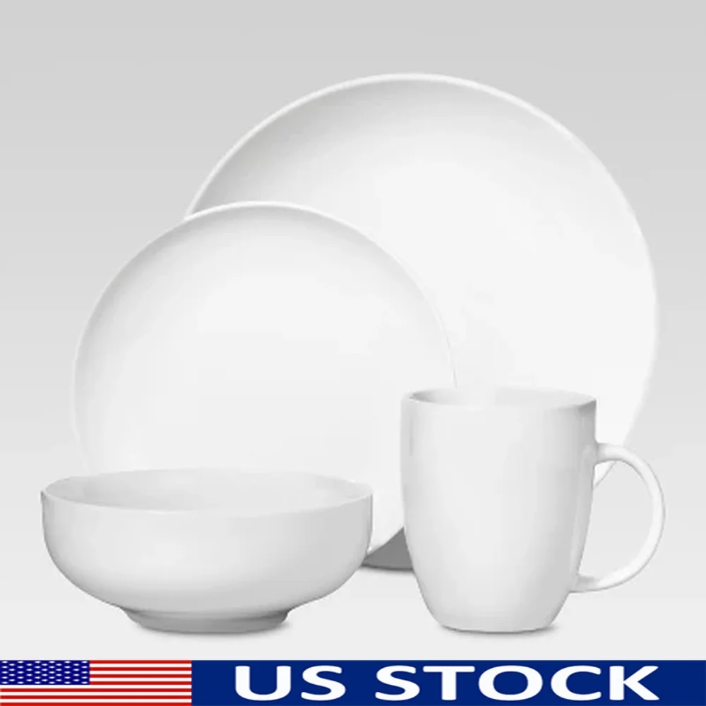 

16pc White Porcelain Coupe Dinnerware Set 4 Dishwasher Microwave Safe Elegant Dinner Plates Bowls Mugs Perfect Entertaining