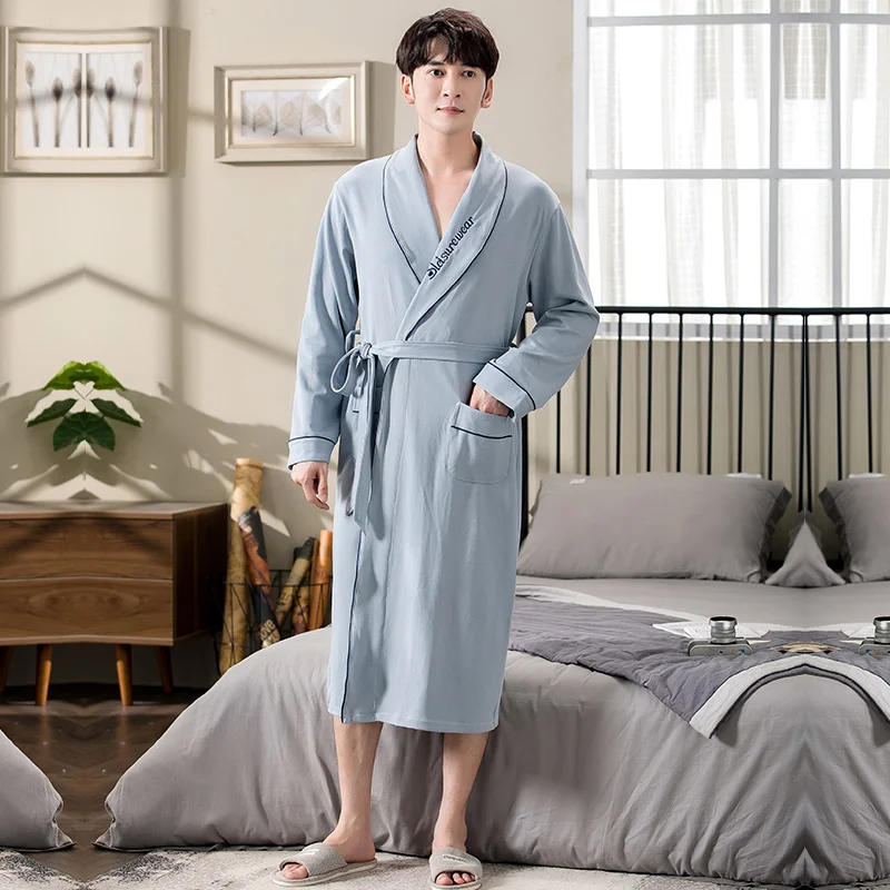 Terbaru musim dingin musim gugur kasual katun pria pakaian tidur halaman besar M-4XL sabuk jubah mandi elegan kamar mandi Spa lengan panjang jubah pria