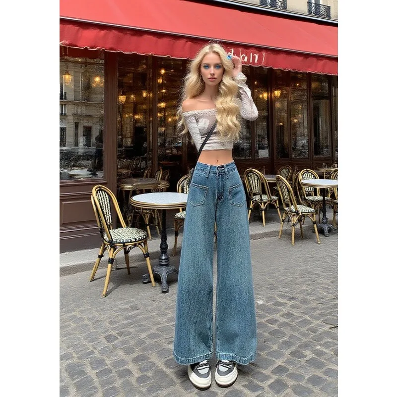 Lässige Damen-Jeans, lockere Vintage-Hose mit hoher Taille und weitem Bein, Herbst-Winter, schwere, drapierte, gerade, lange Hose, entspannte Passform