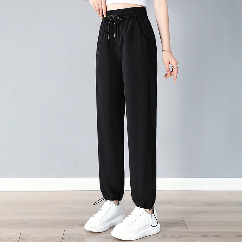 ใหม่สตรีฤดูร้อนผ้าไหมน้ําแข็งบางกางเกงเอวสูงแฟชั่นอเนกประสงค์แห้งเร็วหลวมสบายๆกีฬา 9 จุดกางเกง