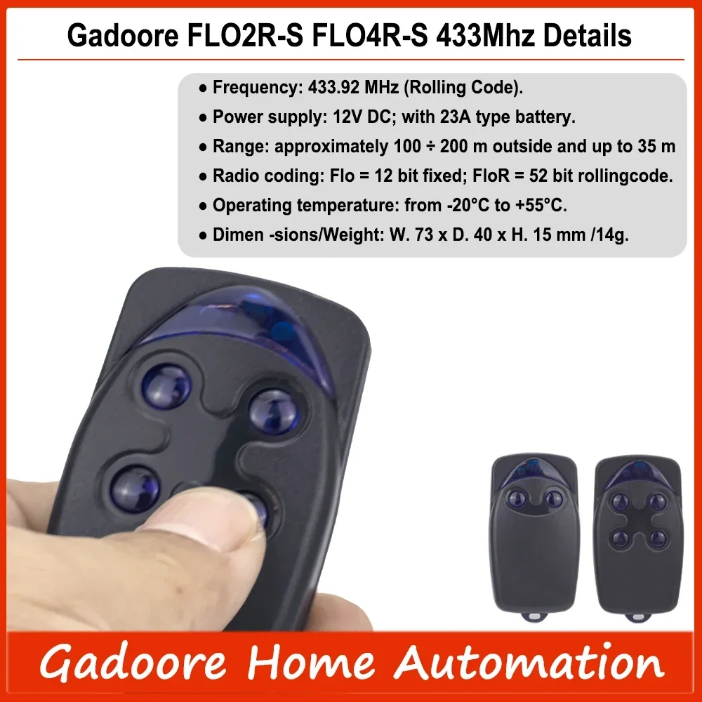 Gadoore FLO2R-S FL04R-S 433 MHz Rolling Code Garagentor-Fernbedienung, kompatibel mit FLOR-S FLO2R-S FLO4R-S Tor-Fernbedienung
