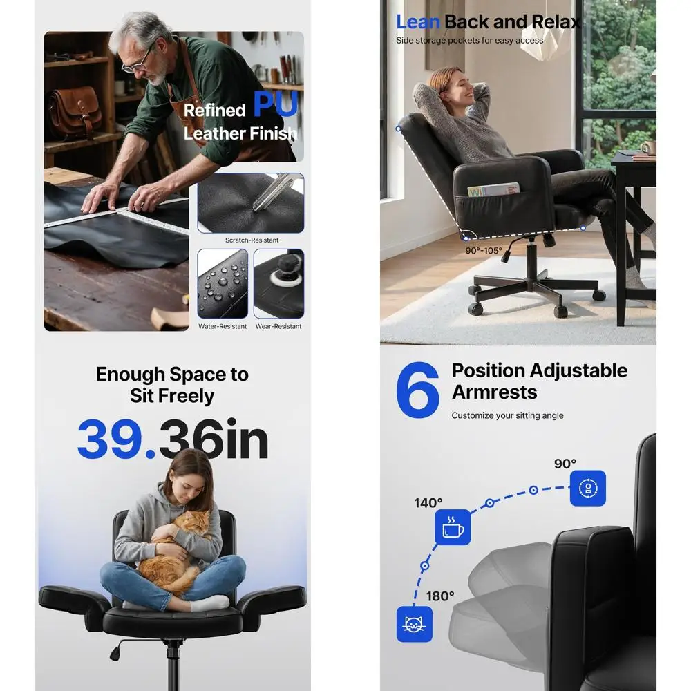 

6-Point Adjustable Armrests Chair, Pet-Friendly Ergonomic Office Chair, Comfortable Wide-Seat with PU Leather, Side Storage, Eas