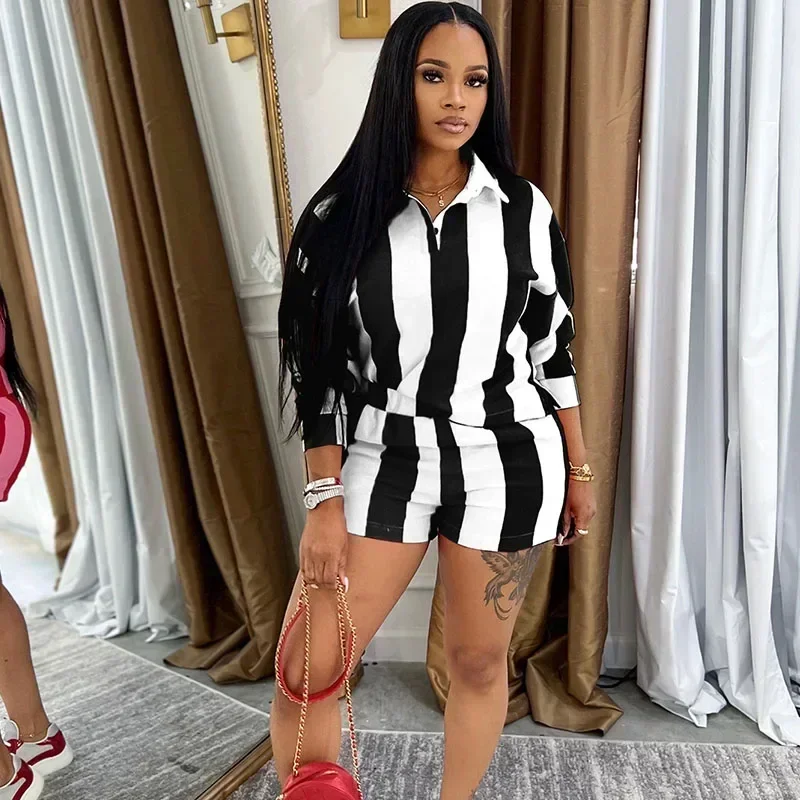 مخطط طباعة Sweatsuits امرأة 2 قطعة وتتسابق رياضي تجريب بدوره إلى أسفل طوق البلوز بلوزات والسراويل فرقة الركض فام