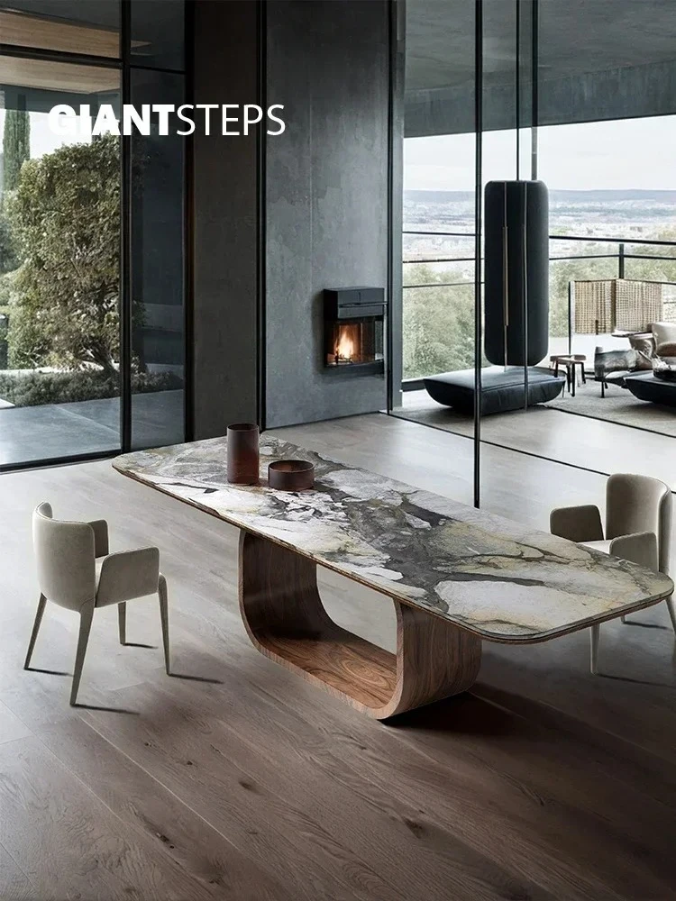 

Natural marble dining table rectangular modern simple light luxury retro walnut color creative designer