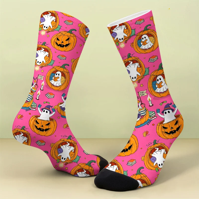 A Pair of 3Dprinted SocksWhimsical Halloween Socks - Spooky yet Cheerful Ghosts in Orange Pumpkins with Scary BooksSoft