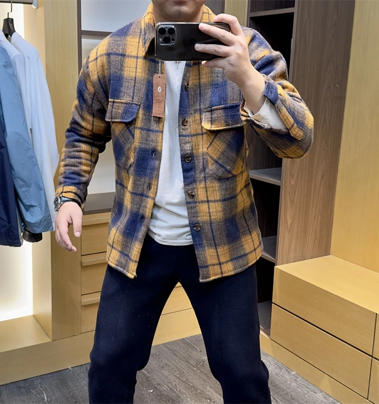 Nordic Thickened Men's Flannel Shirt Coat Autumn Winter Warm Fleece Lined Loose Fit Plaid Long Sleeve Casual Outerwear