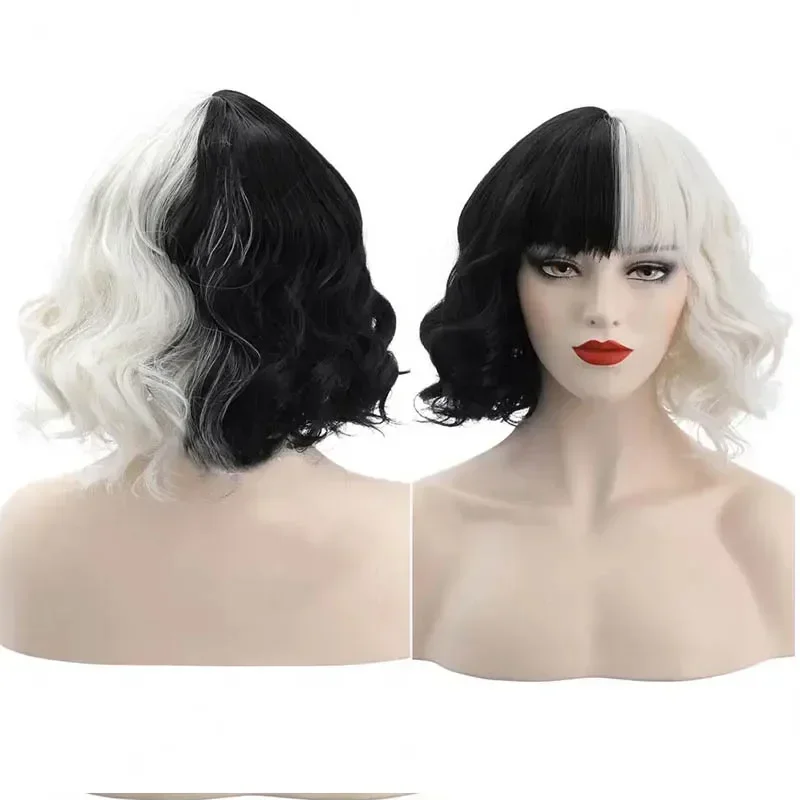 Anime Böse Madame Cruella De Vil Cosplay Perücke Frauen Schwarz Weiß Perücke Kurze Lockige Afro Perücken Halloween Cosplay Zubehör