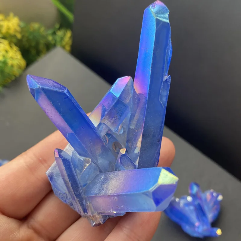 Natural Blue Angel Aura Quartz Crystal Cluster Stone Electroplating Titanium Specimens Cured  Coating Healing Crystals Home Deco