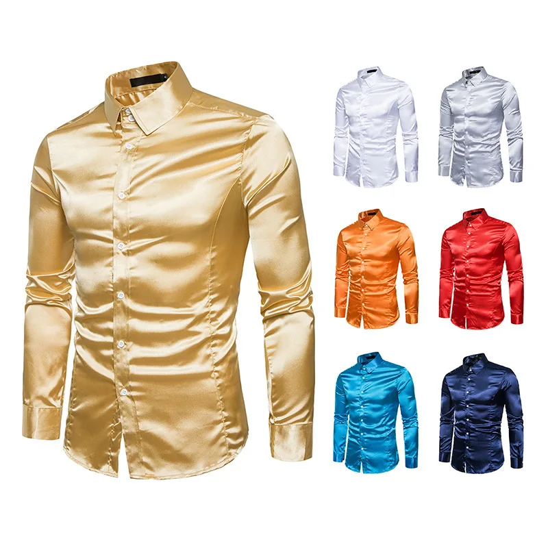 Happyjeffery Mens Long Sleeve Shirts Men Casual Shirt Party Male Casual Solid Colour Shiny Satin Luxury Man Designer Cloth S54