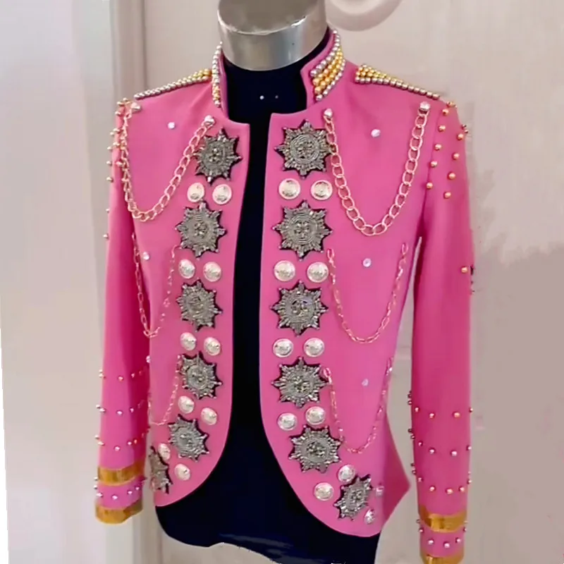 

High-end Original Design Diamond Suit Jackets Men's Hand Sewn Beading Blazer Coat Singer Star Concert Shiny Tuxedo Stage Costume