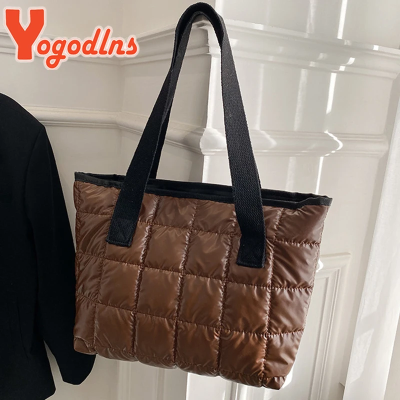 Yogodlns Winter Lozenge Tote Bag Space Cotton Handbag Large Capacity Shoulder Bag Warm Down Handbag Casual Portable Handle Bag