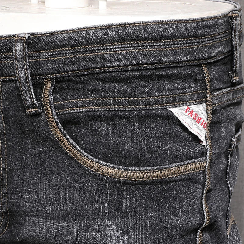 Italian Style Fashion Men Jeans Retro Black Gray Elastic Stretch Slim Fit Ripped Jeans Men Vintage Designer Denim Pants Hombre