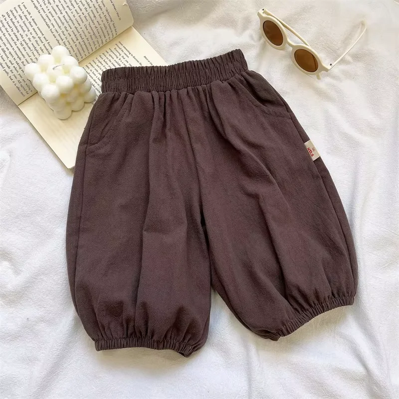 Children's Pants New Summer Solid Cotton Linen Elasticity Thin Korean Retro Lantern Bottoms Casual Outdoor Playwear‌ Boys and G