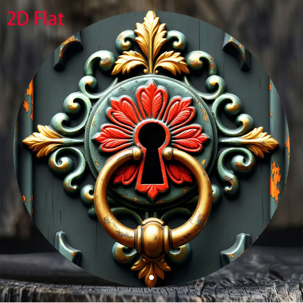 2D Flat, 2D Flat, 2D Flat Printing 1pc Metal Sign 2D Flat, Vintage Door Knocker with Keyhole Design - 8-Inch Round Wall Art, Gre