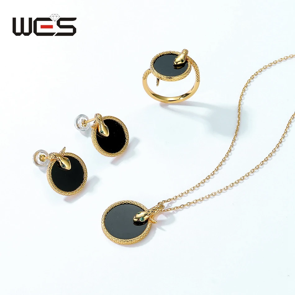 WES 925 Sterling Silver Snake Animal Series Jewelry Set For Woman Inlaid Natural Black Agate Green Eye Punk Style Gold Plated