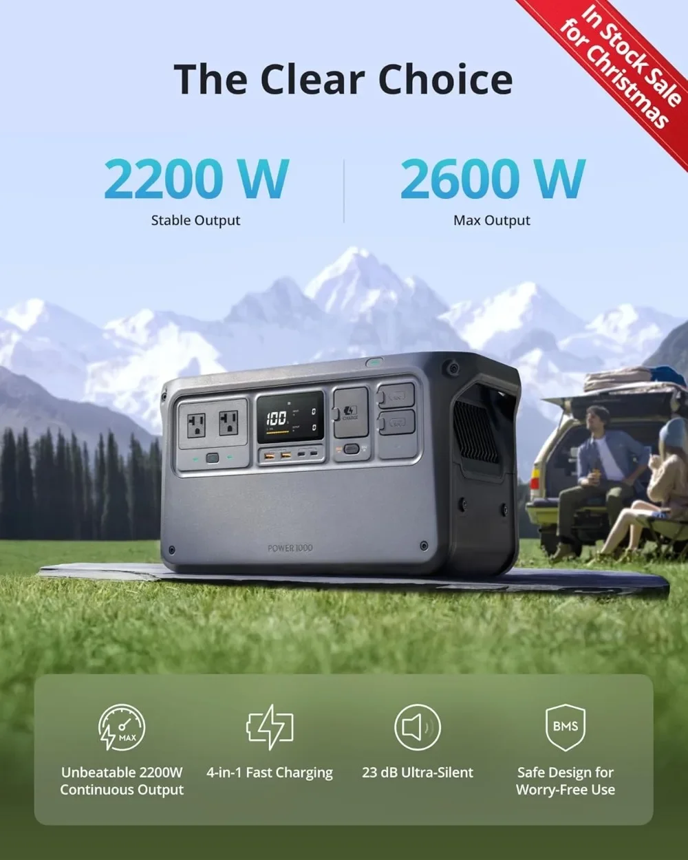 Power 1000 Portable Power Station, In-stock Sale,1024Wh LiFePO4 Battery, 2200W (Peak 2600W) AC/140W USB-C Output, 23db Ultra