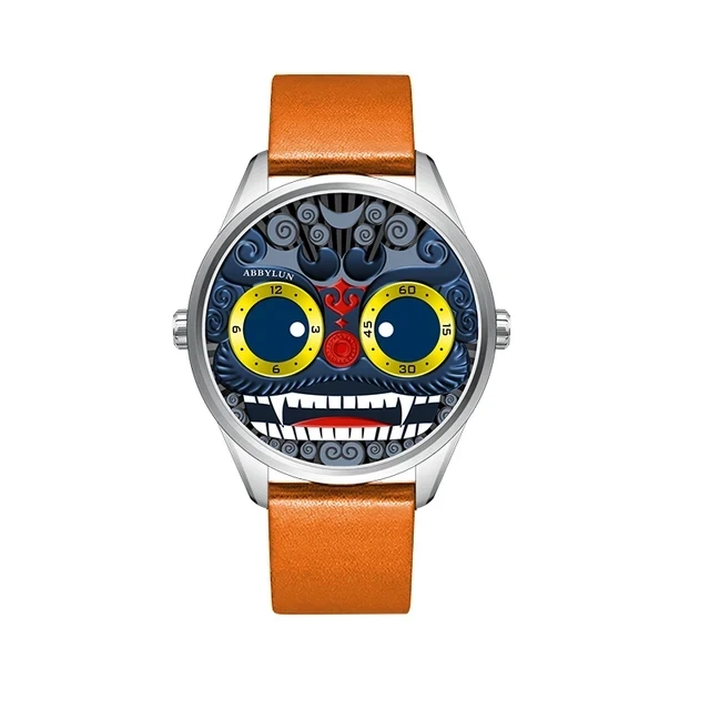 ABBYLUN-Relógio de pulso masculino de quartzo, relógios 3D em relevo, pulseira de couro laranja e azul, personalidade leão do palhaço, moda, 1363