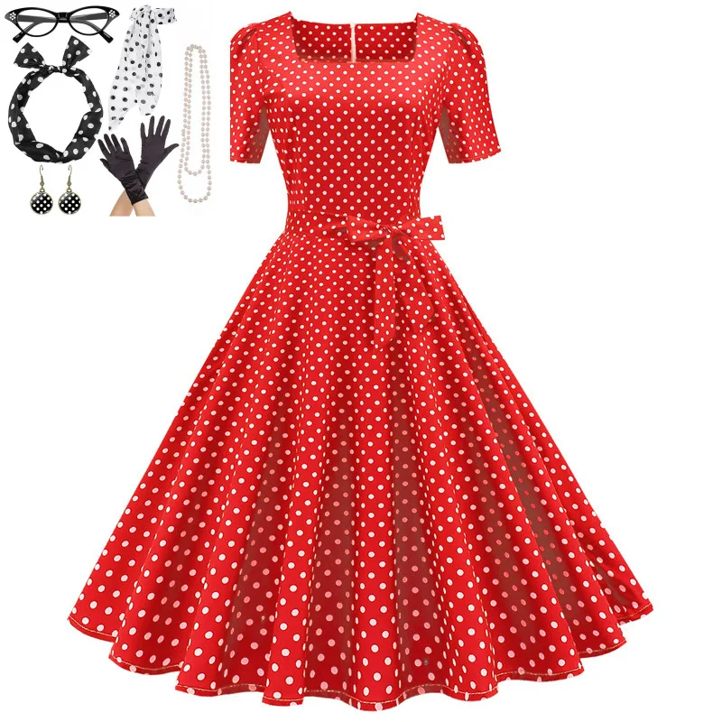 

7pc/set short sleeve Women Rockabilly Polka Dots Big Hem Cocktail Dress 1960s 50s Audrey Hepburn Retro Vintage Party Dresses