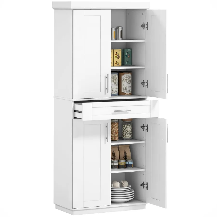 

HOMCOM Modern Kitchen Pantry Cabinet Storage with with 4 Doors Drawer and 3 Adjustable Shelves for Dining Room White