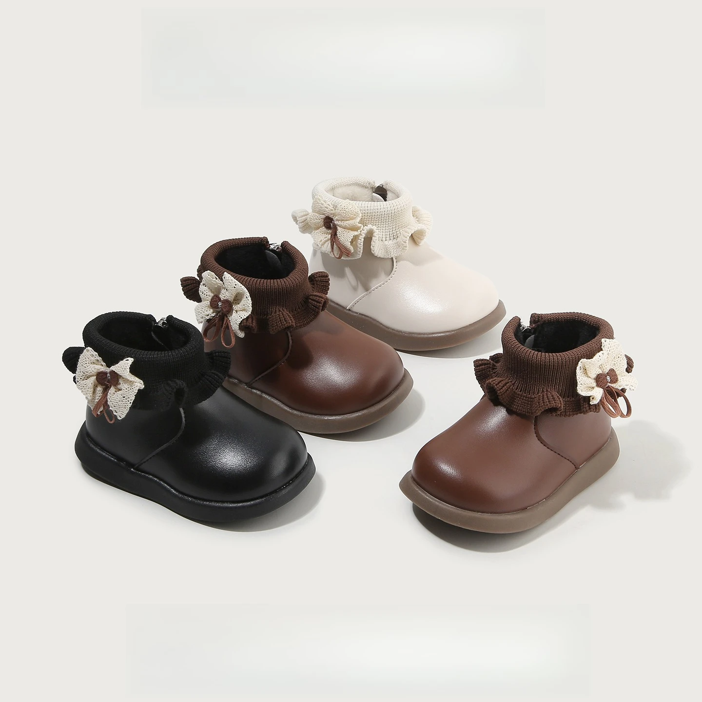 

Toddler Girls Soft Leather Boots with Cute Bow 2025 New Winter Baby Kids Fleece Boots Non-slip Chic Comfort Kindergarten Boots