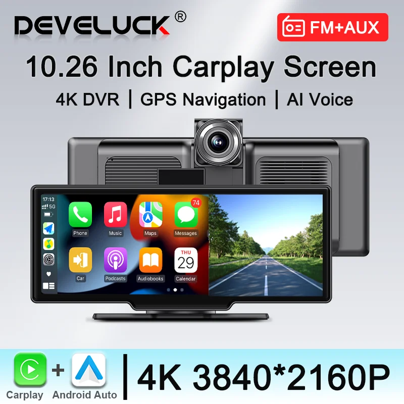 

10.26" Dash Cam Rearview Camera Wireless Carplay & Android Auto 4K DVR GPS Navigation Video Recorder Dashboard Dual Len Monitor