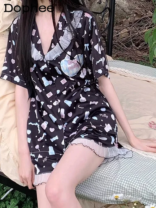 

Cute Cartoon Ice Silk Japanese Original Short-sleeved Pajamas Women's Summer Lace Printing Thin Casual Comfortable Loungewear