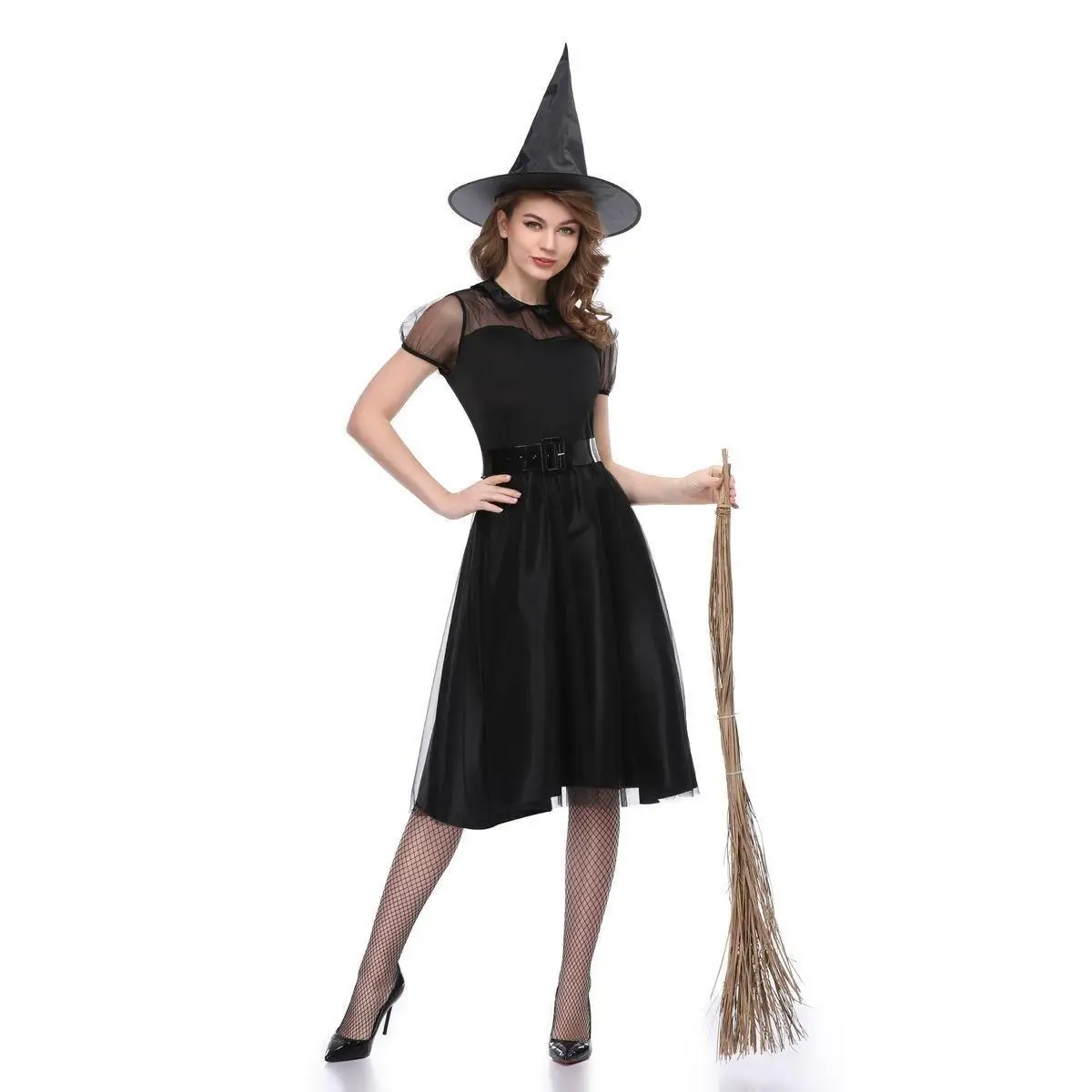 زي ساحرة أسود جديد لعيد الهالوين، زي أنيق للشبح لعروض المسرح، زي ساحرة ليلية للنساء مصنوع من الكتان