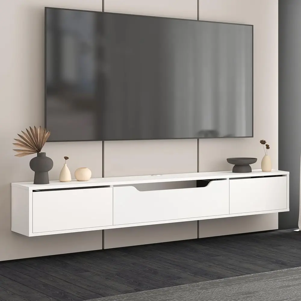

Floating TV Stand for Up to 80 Inch TVs - Wall Mounted Media Shelf with Handle-Free Door - Contemporary Entertainment Center wit