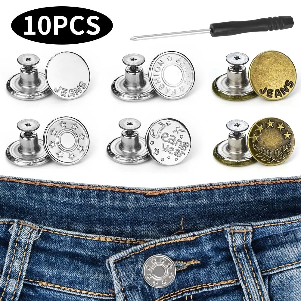 

10Pcs/pack Nail Free Jeans Buttons Sewing Accessories Clothing Pants Waist Extenders Button With Screwdriver 17mm Waist Buckle