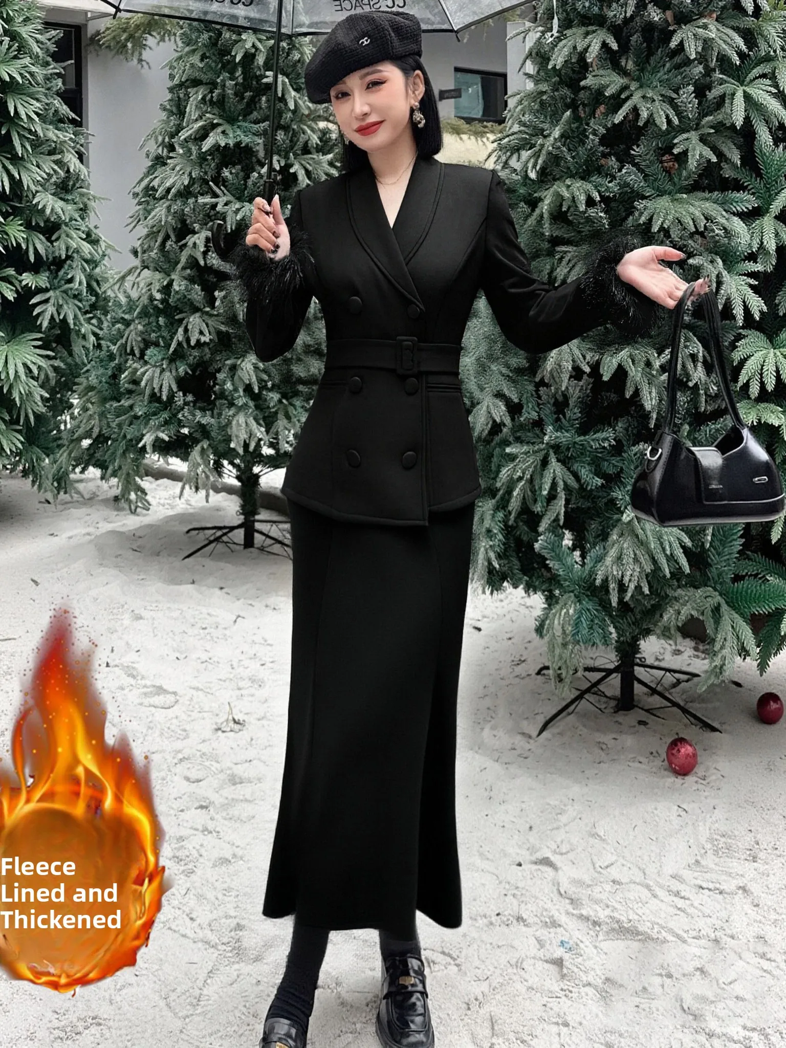 

Fall 2025 Thickened Fleece Business Suit Skirt Set Elegant High Waist V-Neck Long Sleeve Two-Piece Women's Fashion Ensemble